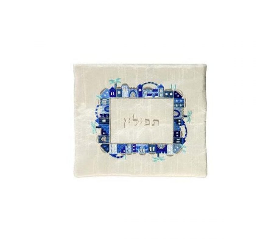 Yair Emanuel Embroidered Tallit & Tefillin Bag - Jerusalem Frame on Off White
