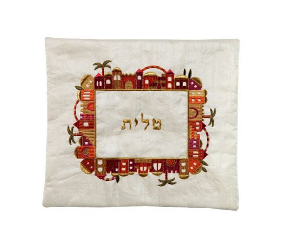 Yair Emanuel Embroidered Tallit & Tefillin Bag - Jerusalem Frame on Off White (Sold Separately)