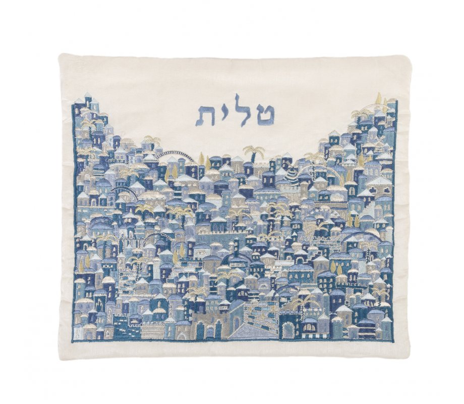 Yair Emanuel Embroidered Tallit & Tefillin Bag, Jerusalem Design - Blue (Sold Separately)