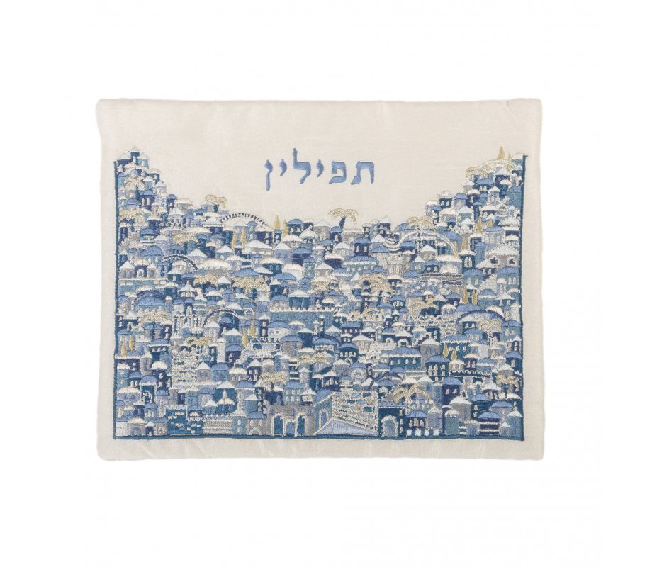 Yair Emanuel Embroidered Tallit & Tefillin Bag, Jerusalem Design - Blue (Sold Separately)