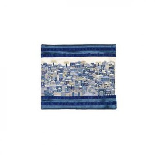 Yair Emanuel Embroidered Tallit Bag, Tefillin Bag Panoramic Jerusalem - Blue