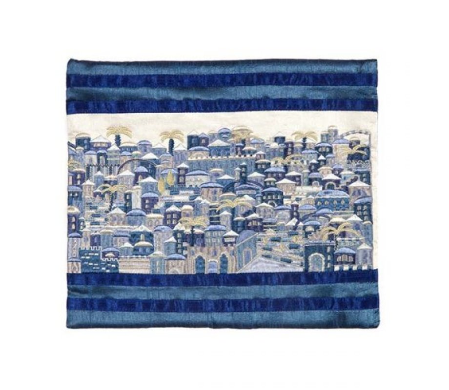 Yair Emanuel Embroidered Tallit Bag, Tefillin Bag Panoramic Jerusalem - Blue (Sold Separately)