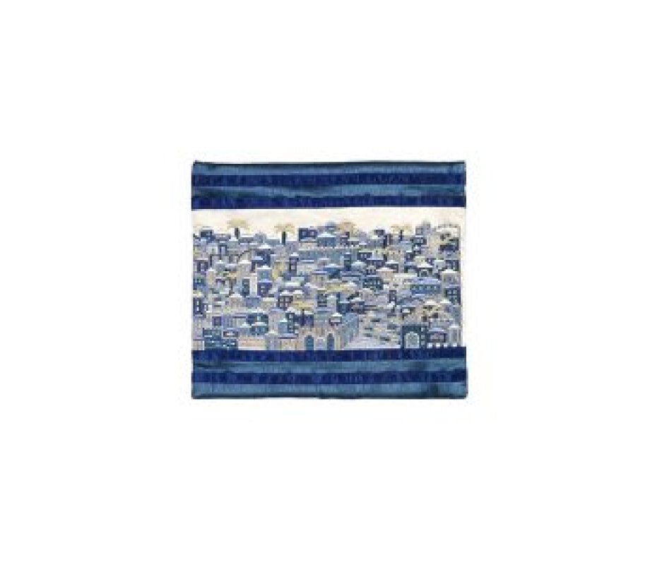 Yair Emanuel Embroidered Tallit Bag, Tefillin Bag Panoramic Jerusalem - Blue (Sold Separately)