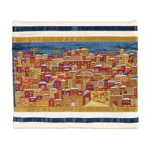 Yair Emanuel Embroidered Tallit Bag, Tefillin Bag, Panoramic Jerusalem - Gold