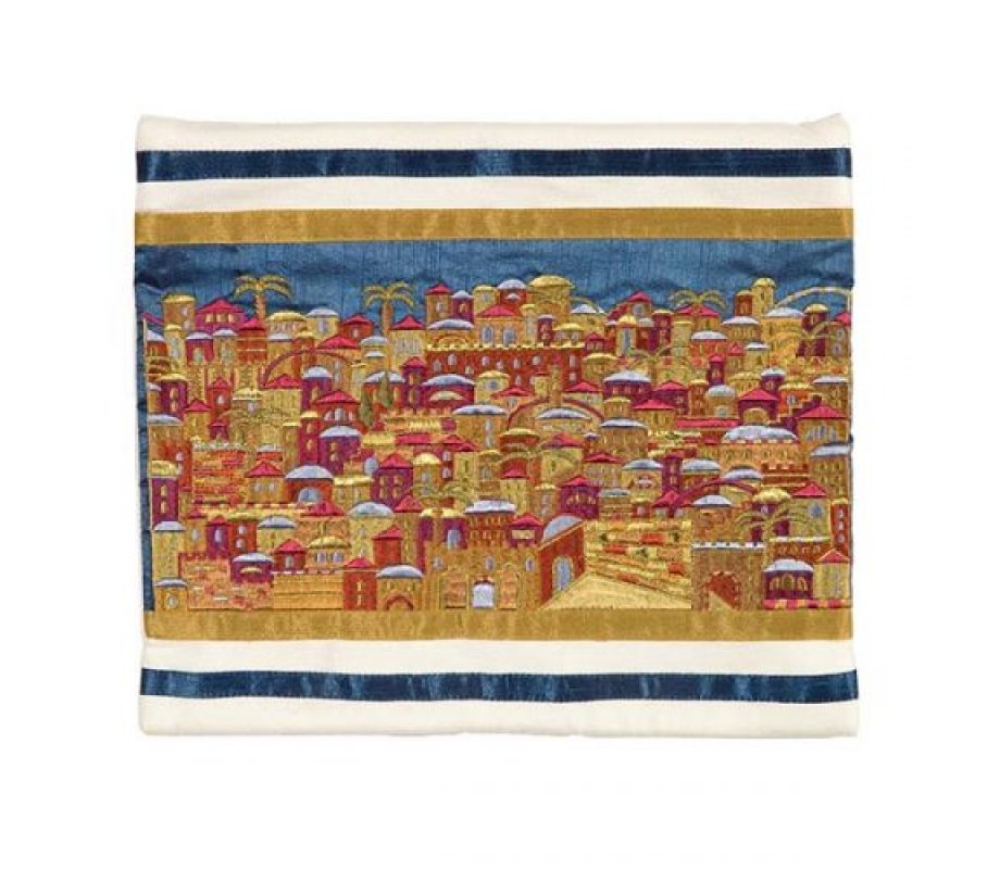 Yair Emanuel Embroidered Tallit Bag, Tefillin Bag, Panoramic Jerusalem - Gold (Sold Separately)
