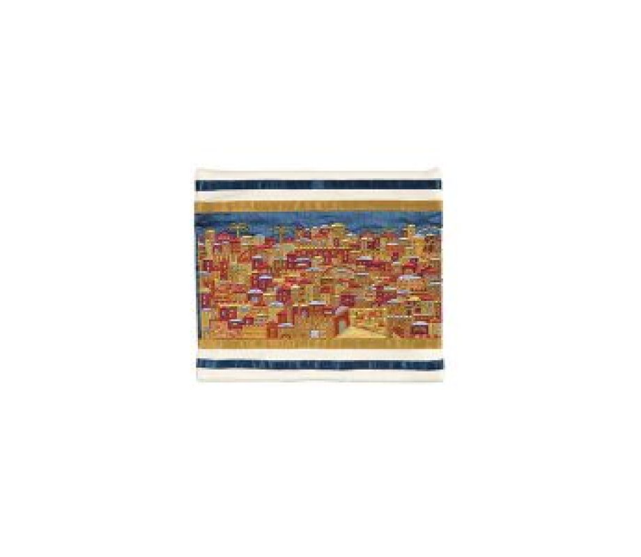 Yair Emanuel Embroidered Tallit Bag, Tefillin Bag, Panoramic Jerusalem - Gold (Sold Separately)