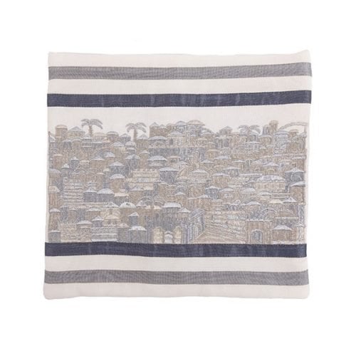 Yair Emanuel Embroidered Tallit Bag, Tefillin Bag Panoramic Jerusalem - Silver