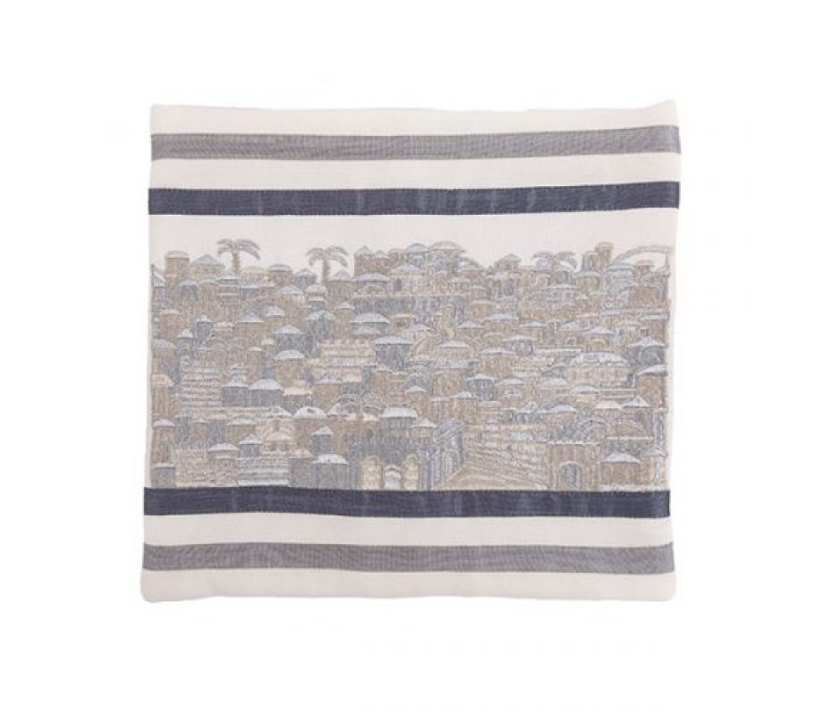 Yair Emanuel Embroidered Tallit Bag, Tefillin Bag Panoramic Jerusalem - Silver (Sold Separately)