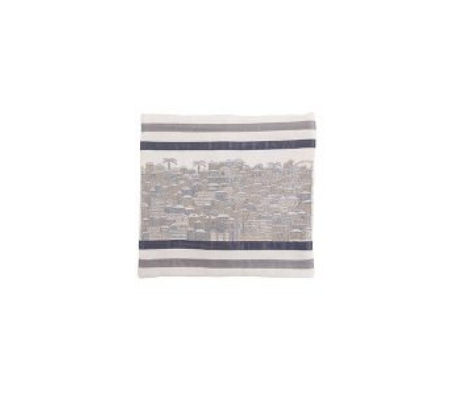 Yair Emanuel Embroidered Tallit Bag, Tefillin Bag Panoramic Jerusalem - Silver (Sold Separately)