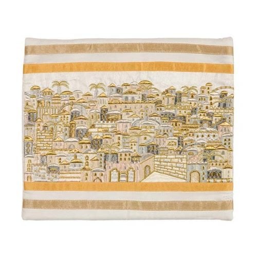 Yair Emanuel Embroidered Tallit Bag, Tefillin Bag Panoramic Jerusalem - Silver and Gold