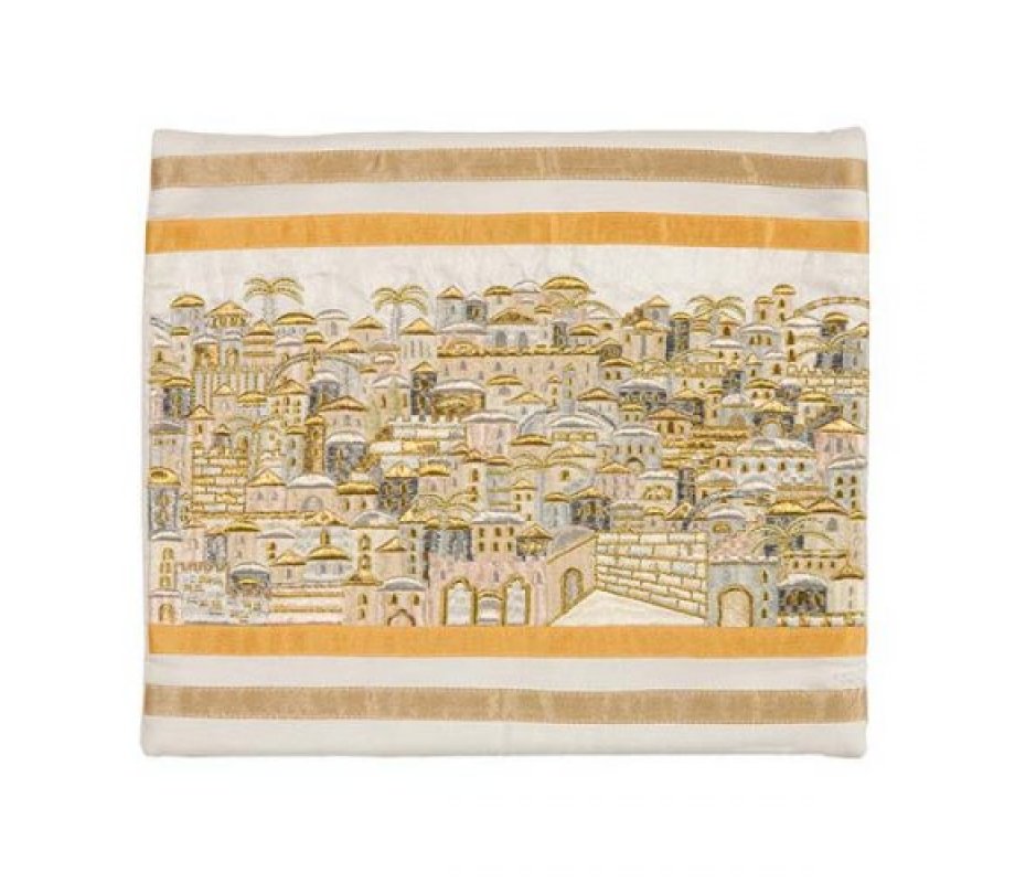Yair Emanuel Embroidered Tallit Bag, Tefillin Bag Panoramic Jerusalem - Silver and Gold (Sold Separately)