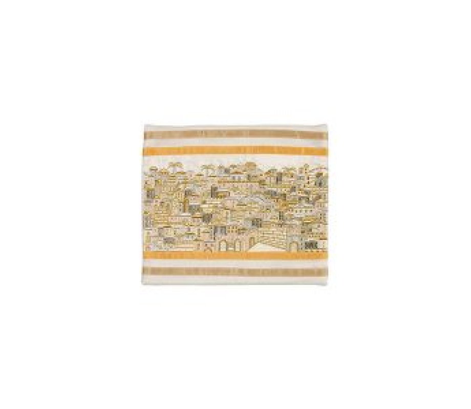 Yair Emanuel Embroidered Tallit Bag, Tefillin Bag Panoramic Jerusalem - Silver and Gold (Sold Separately)