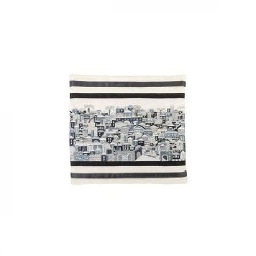 Yair Emanuel Embroidered Tallit Bag, Tefillin bag Panoramic Jerusalem - Black and Gray