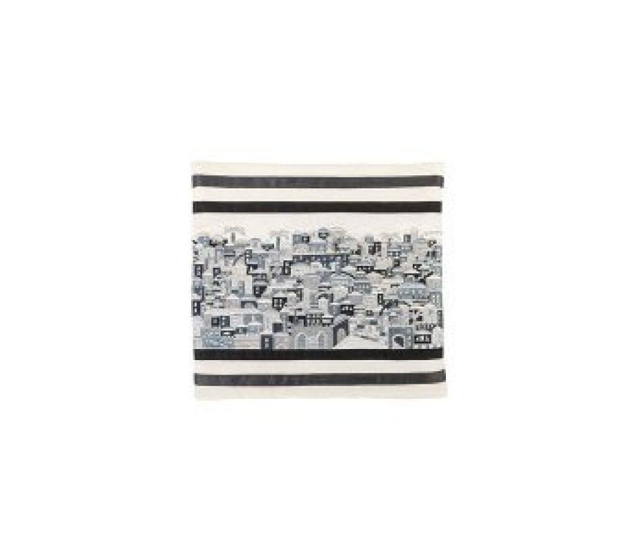 Yair Emanuel Embroidered Tallit Bag, Tefillin bag Panoramic Jerusalem - Black and Gray