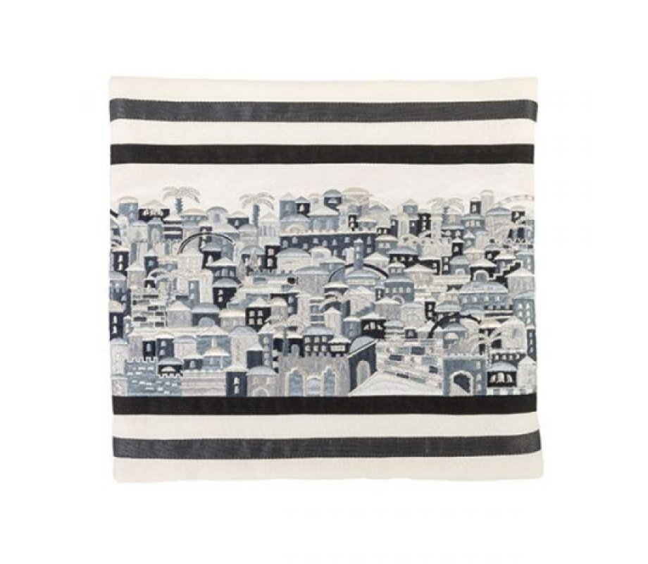 Yair Emanuel Embroidered Tallit Bag, Tefillin bag Panoramic Jerusalem - Black and Gray (Sold Separately)