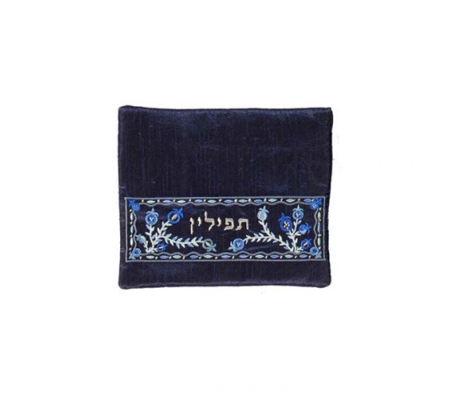 Yair Emanuel, Embroidered Tallit Tefillin Bags - Blue Pomegranates on Dark Blue (Sold Separately)