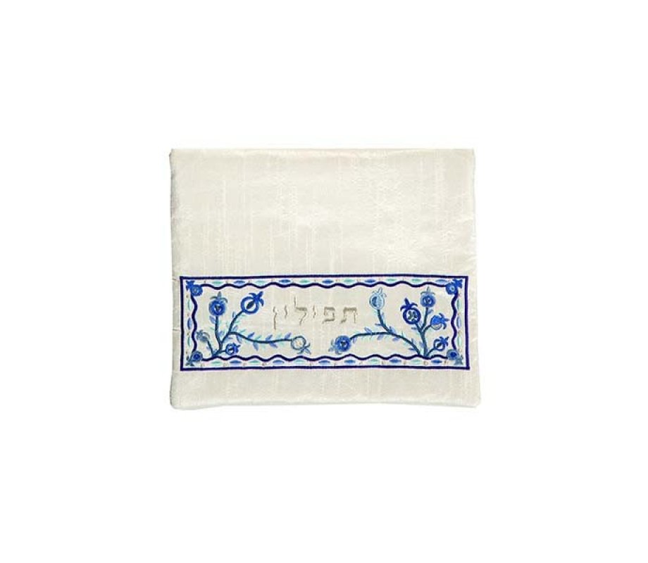 Yair Emanuel, Embroidered Tallit Tefillin Bags - Blue Pomegranates on Off-White (Sold Separately)
