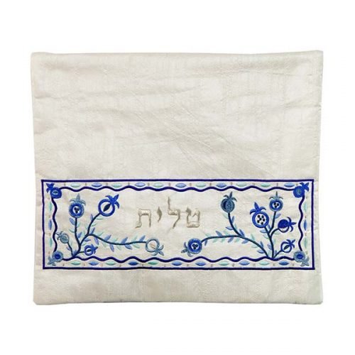 Yair Emanuel, Embroidered Tallit Tefillin Bags - Blue Pomegranates on off-White