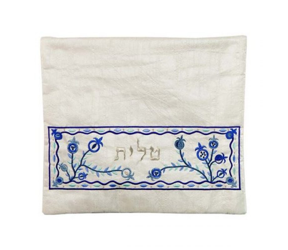 Yair Emanuel, Embroidered Tallit Tefillin Bags - Blue Pomegranates on off-White
