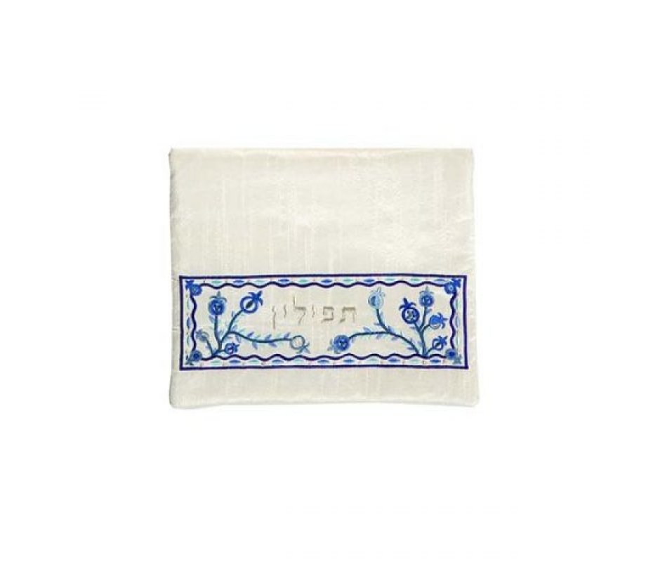 Yair Emanuel, Embroidered Tallit Tefillin Bags - Blue Pomegranates on off-White