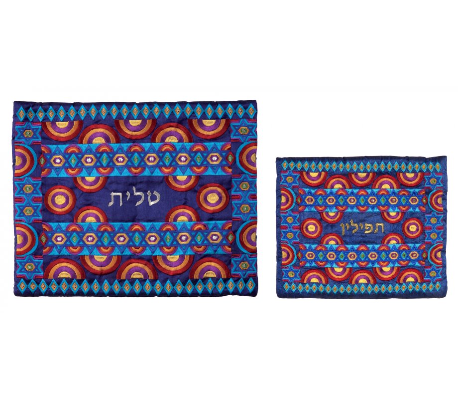 Yair Emanuel Embroidered Tallit and Tefillin Bag, Stars of David - Red and Blue