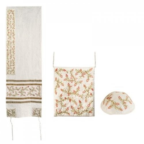 Yair Emanuel Embroidered White PolySilk Tallisack Gold Stripes - Pomegranates