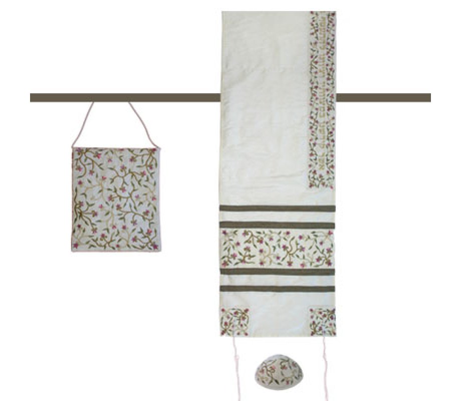 Yair Emanuel Embroidered White Polysilk TalliSack Tallit Set - Flowers