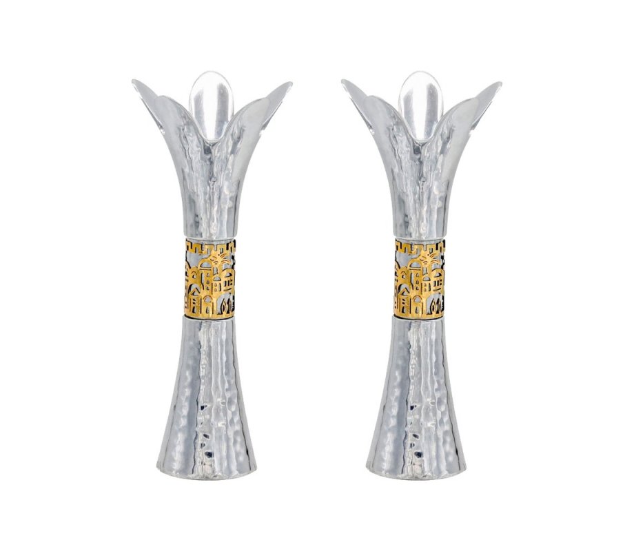 Yair Emanuel, Flower Shaped Textured Candlesticks, Two Tone – Jerusalem Design