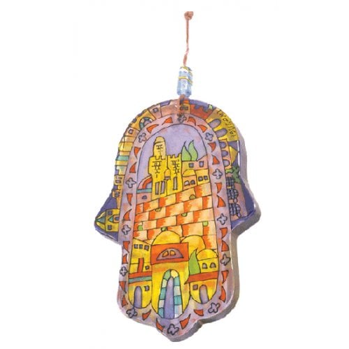 Yair Emanuel Glass Hamsa Wall Decoration - Hand Painted Jerusalem Images