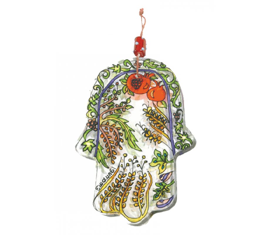 Yair Emanuel Glass Hamsa Wall Decoration - Hand Painted Seven Species