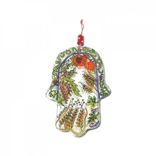 Yair Emanuel Glass Hamsa Wall Hanging, Small - Hand Painted Seven Species