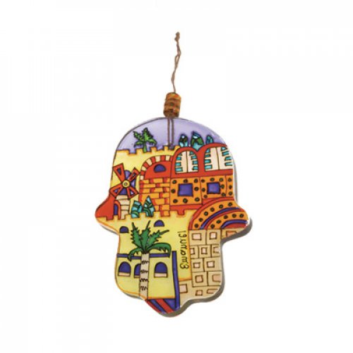 Yair Emanuel Glass Hamsa for Hanging, Small - Hand Painted Contemporary Jerusalem
