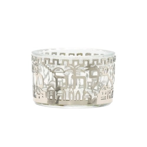 Yair Emanuel Glass Salt Dish with Metal Cutout Jerusalem Design  Silver