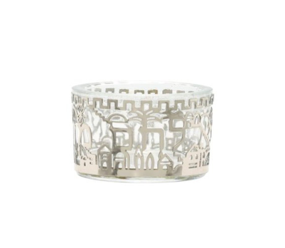 Yair Emanuel Glass Salt Dish with Metal Cutout Jerusalem Design – Silver