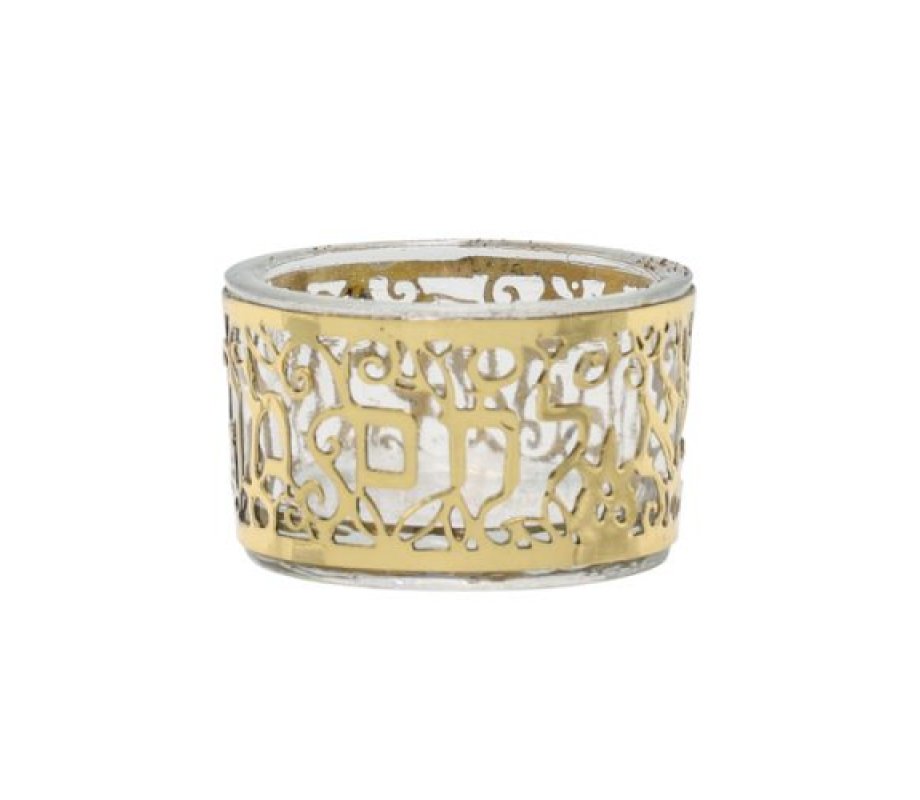 Yair Emanuel, Glass Salt Dish with Metal Cutout Pomegranate Design – Gold Brass