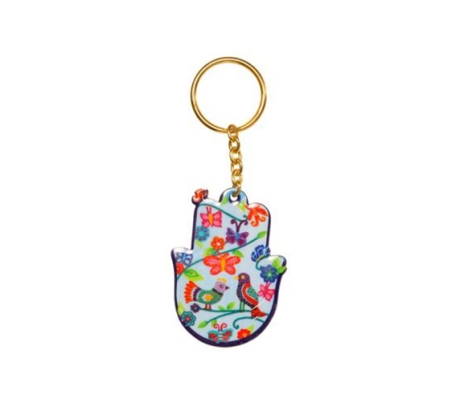Yair Emanuel Gold Key Chain - Colorful Hamsa with Birds, Flowers and Butterflies