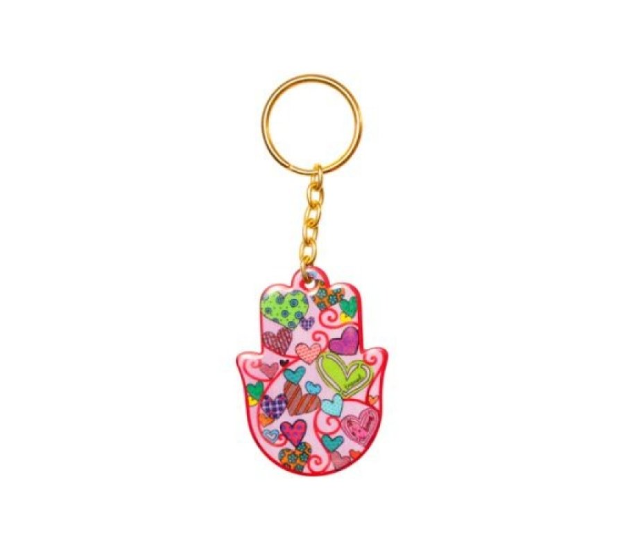 Yair Emanuel Gold Key Chain with Enamel Finish - Hamsa Hand with Colorful Hearts