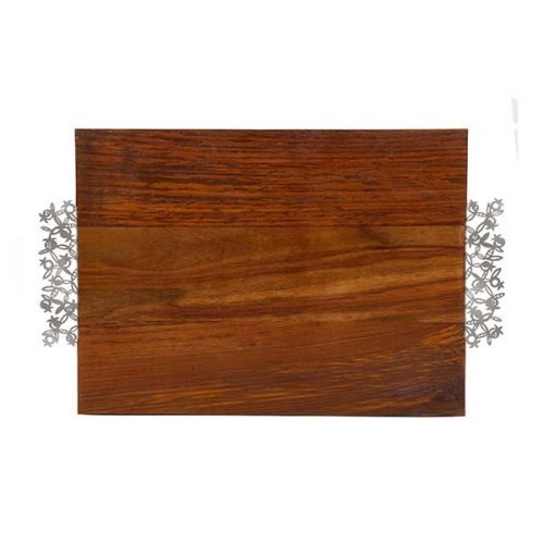 Yair Emanuel Grained Dark Wood Challah Board, Laser Cut Handle - Pomegranates