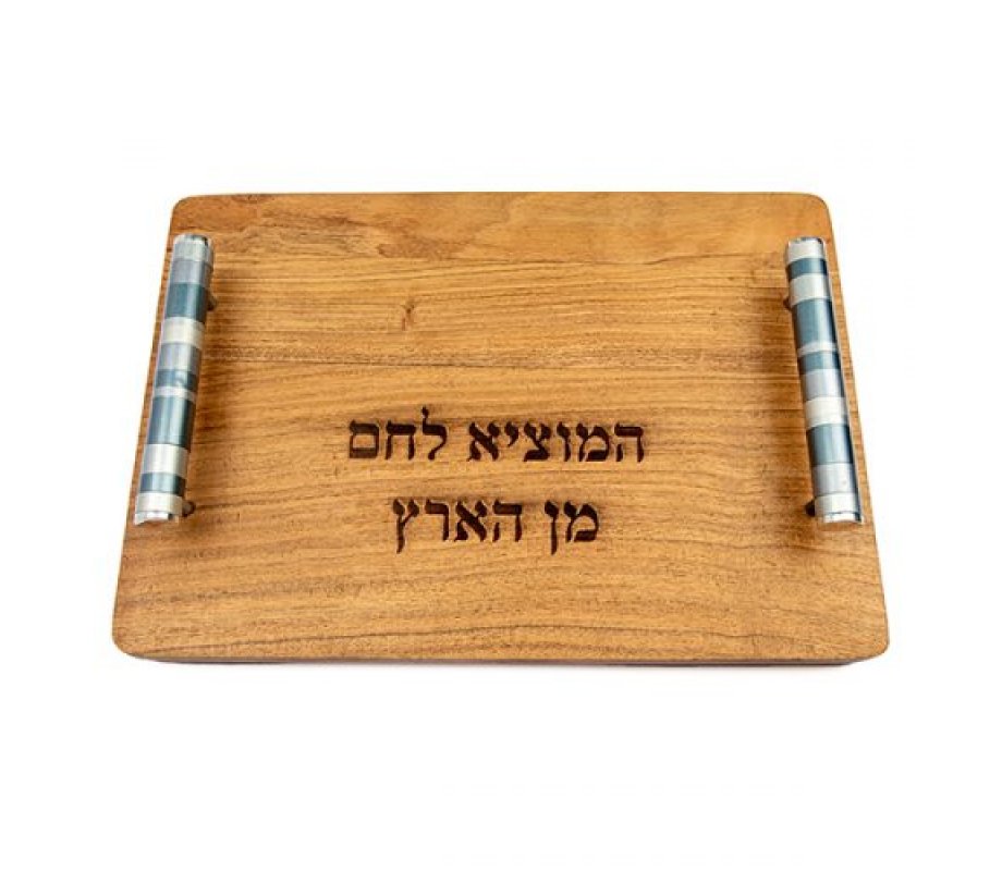 Yair Emanuel Grained Wood Challah Board, Blessing Words - Gray Handles