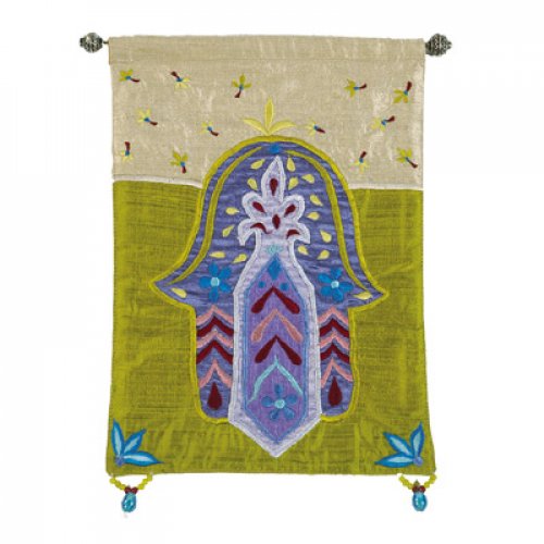 Yair Emanuel Green Hamsa Embroidered Appliqued Silk Wall Hanging – Flowers