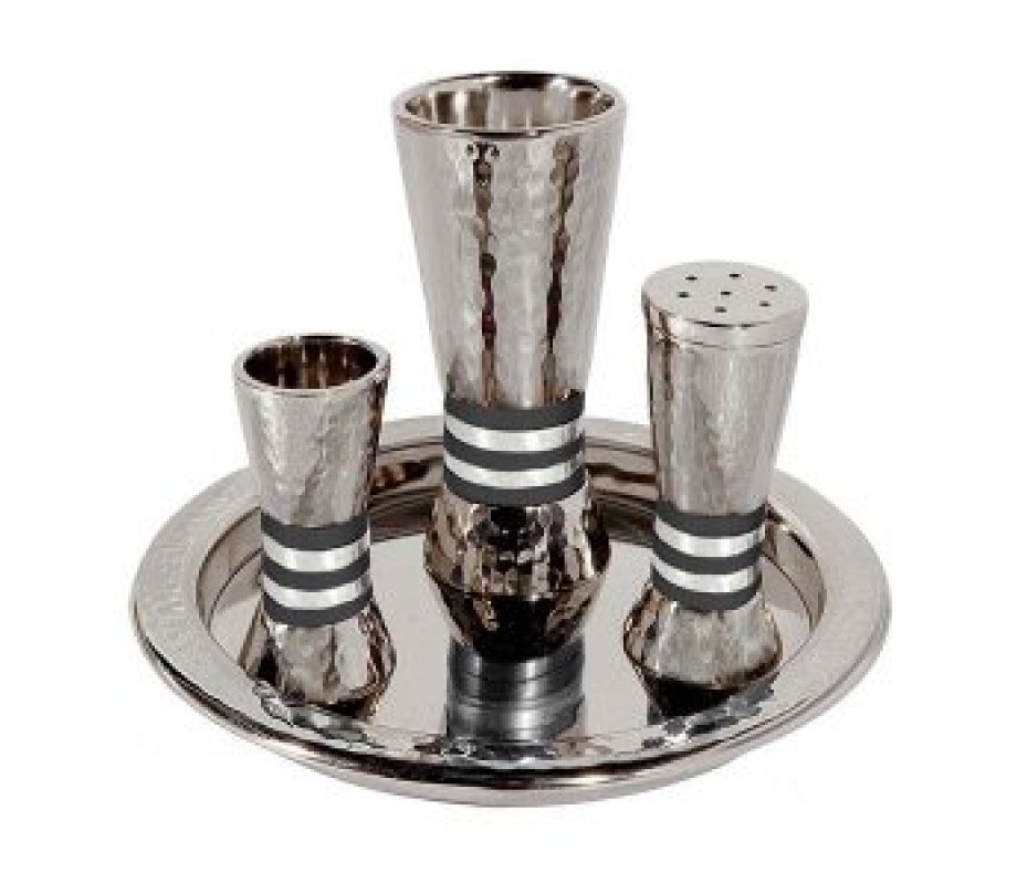 Yair Emanuel Hammered Aluminum Cone Shaped Havdalah Set - Silver and Black Bands