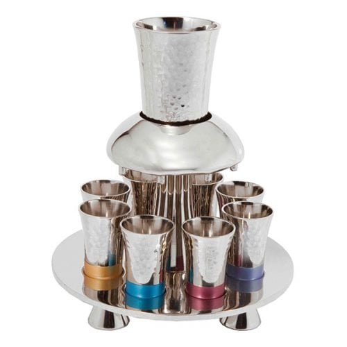 Yair Emanuel Hammered Aluminum Kiddush Fountain Set 8 Cups - Multicolored Bands