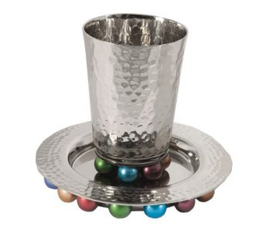 Yair Emanuel Hammered Aluminum Kiddush Set with Decorative Balls Colorful