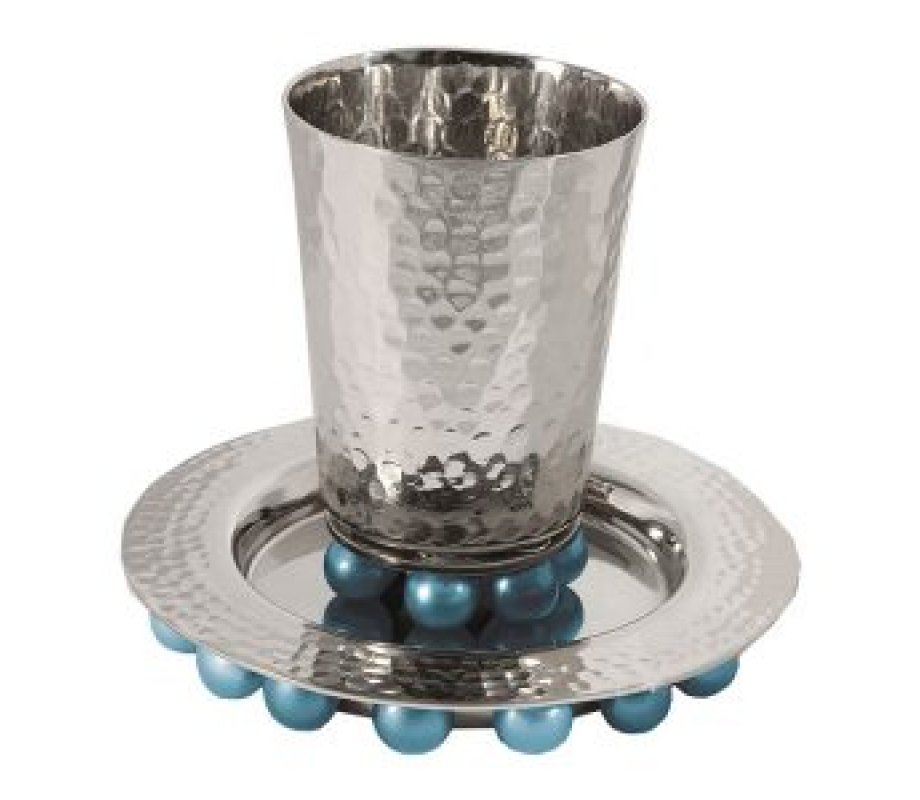 Yair Emanuel Hammered Aluminum Kiddush Set with Decorative Balls - Turquoise
