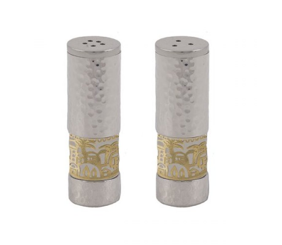 Yair Emanuel Hammered Aluminum Salt & Pepper Set, Gold Jerusalem Band - Silver