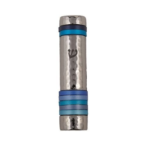 Yair Emanuel Hammered Aluminum Silver Mezuzah Case - Blue Bands