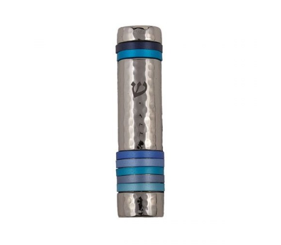 Yair Emanuel Hammered Aluminum Silver Mezuzah Case - Blue Bands