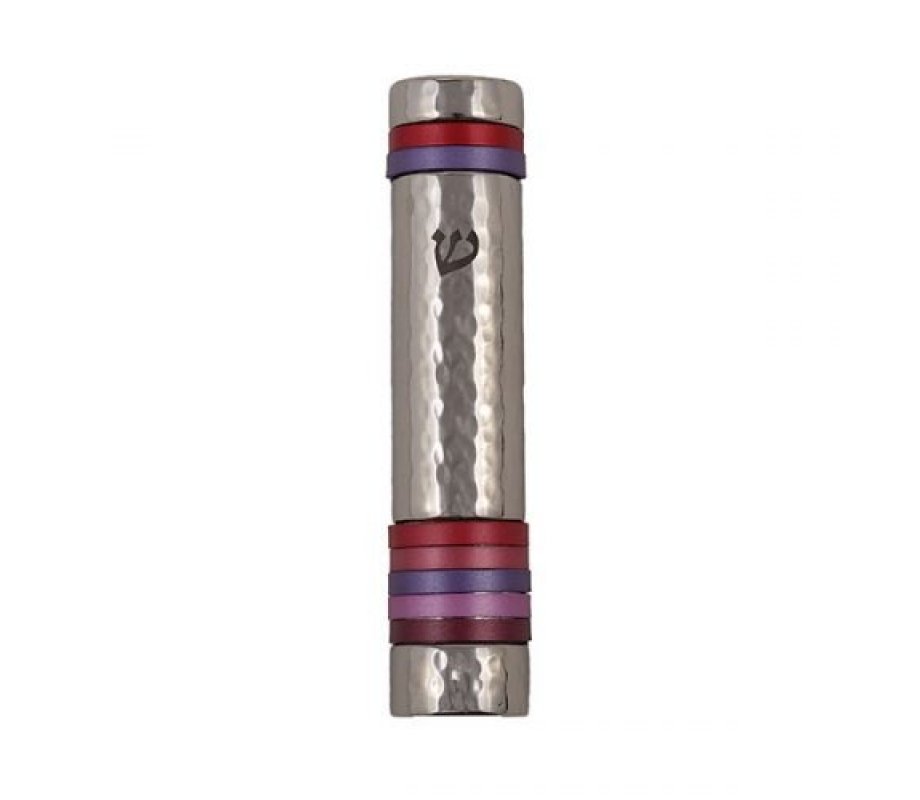 Yair Emanuel Hammered Aluminum Silver Mezuzah Case - Red and Pink Bands