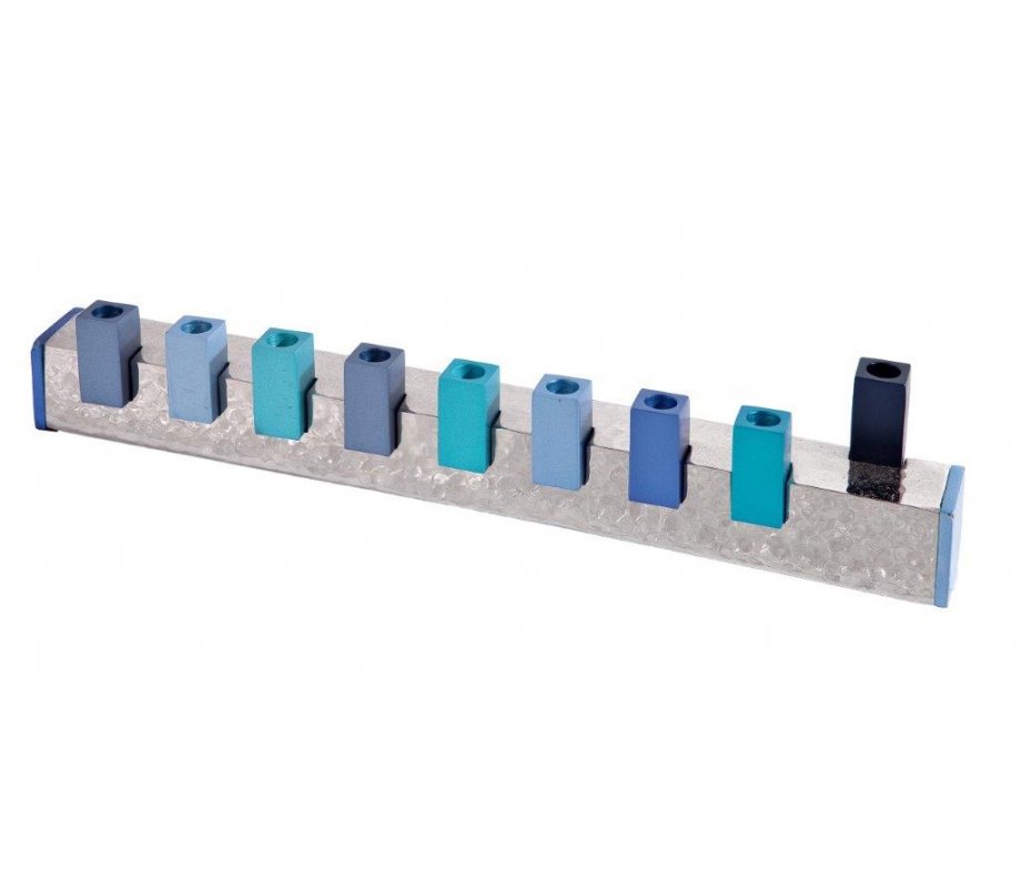 Yair Emanuel Hammered Metal Hanukkah Menorah with Cube Candle Holders - Blue