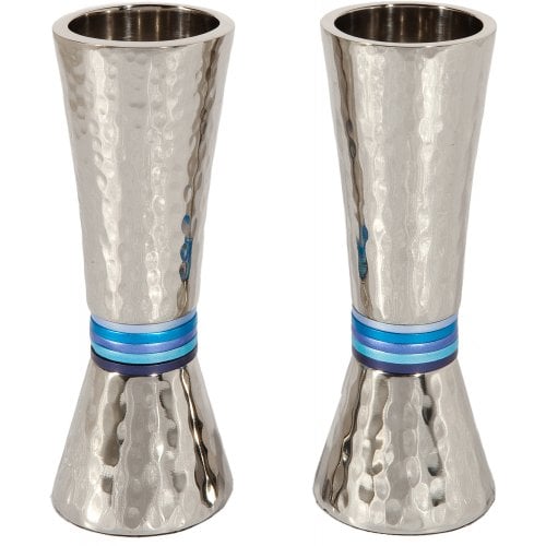 Yair Emanuel Hammered Nickel Cone Candlesticks - Colored Rings